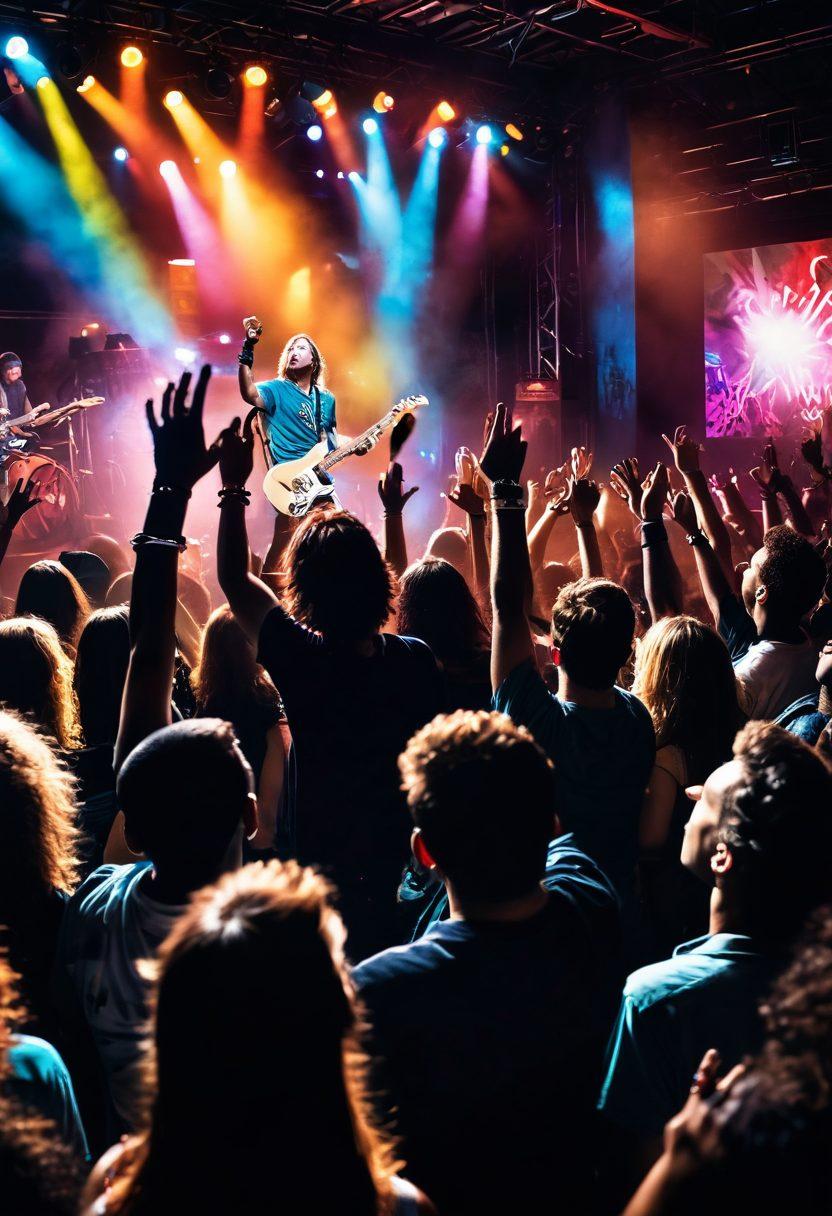 A vibrant concert scene featuring a diverse crowd passionately enjoying a rock band on stage. The energy of the performance is palpable, with colorful stage lights illuminating the musicians and audience. Include iconic rock elements like electric guitars, drums, and fans with vintage band t-shirts. Capture the essence of rock music's impact on culture, with graffiti art in the background symbolizing trends. super-realistic. vibrant colors. high energy.