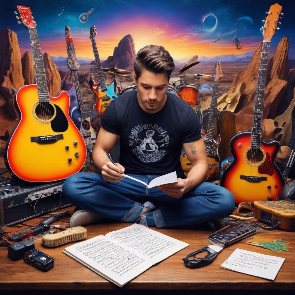 A vibrant collage showcasing a passionate musician writing lyrics on a notepad, surrounded by iconic rock instruments like guitars and drums. Incorporate a diverse group of artists playing together, highlighting different cultures and styles within the rock community. Include handwritten notes and colorful sound waves in the background, symbolizing creativity and expression. The scene should be filled with energy and inspiration, reflecting the journey from passion to creation. super-realistic. vibrant colors. 3D.