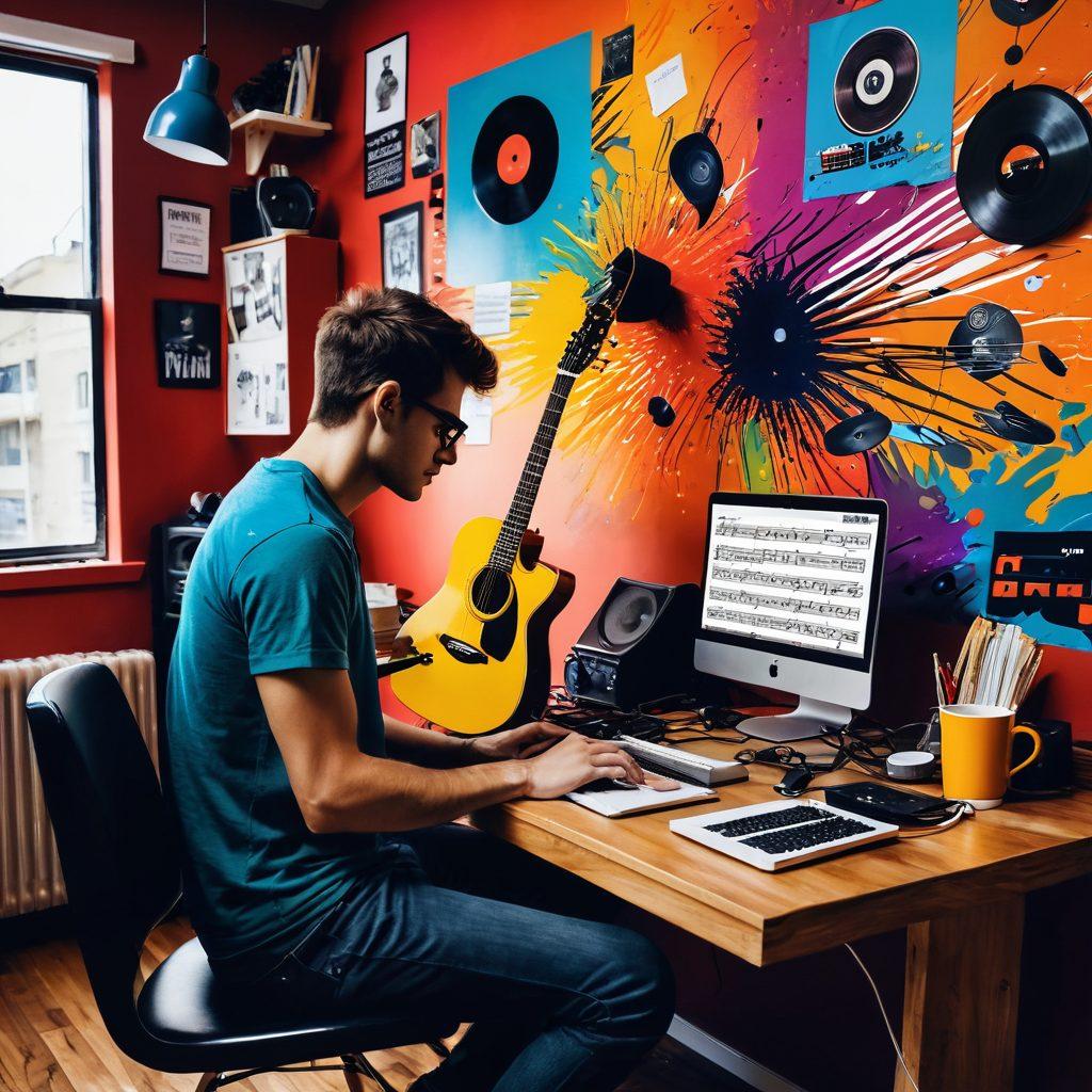 A dynamic scene of a passionate blogger at a laptop, surrounded by musical instruments like a guitar and a keyboard, with vibrant notes and colorful sound waves visually emanating from the screen. Behind, a poster of legendary rockstars inspires creativity, and lifestyle elements like coffee cups and vinyl records add charm. The atmosphere is electric, embodying the spirit of music and lifestyle blogging. bright colors. super-realistic.